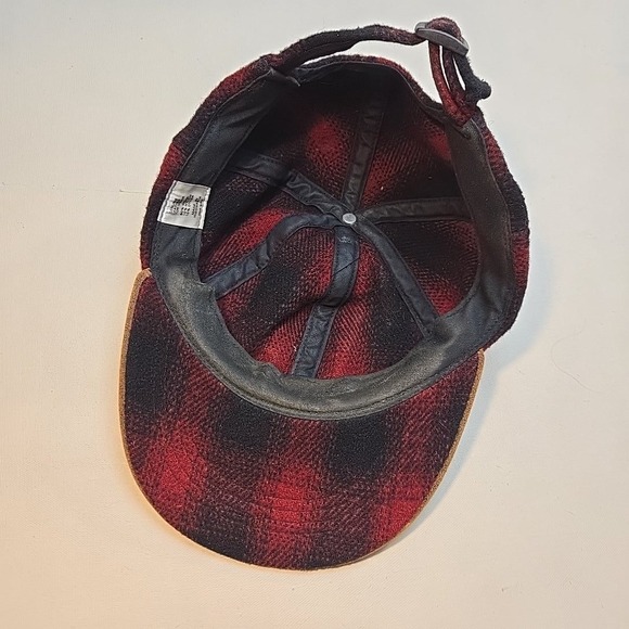 VTG Wool Leather Brim Plaid Hat Strapback Cap Red Black Brown Adjustable Smaller - Picture 5 of 10